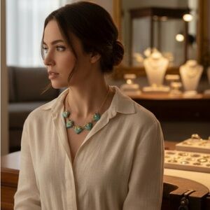 Vintage Thermoset Floral Necklace – Turquoise Green Squares – Gold-Tone –